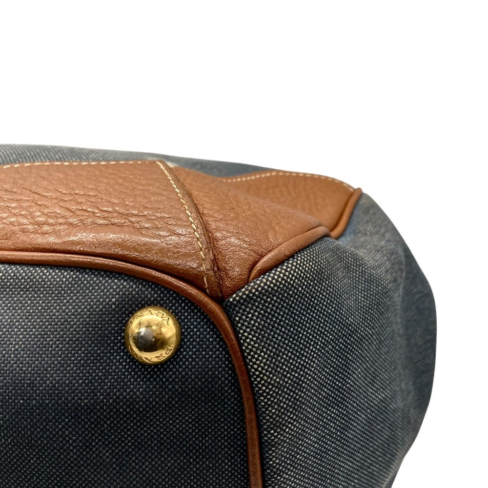 PRADA Prada Logo Jacquard Tote Bag Shoulder Denim Leather Blue Brown Gold Har... - Picture 12 of 16
